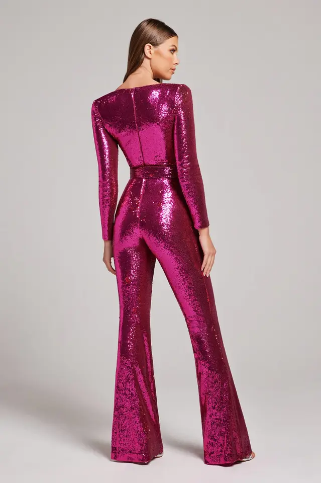 Aderine | Damen Elegant Glitzern Jumpsuit | Langärm