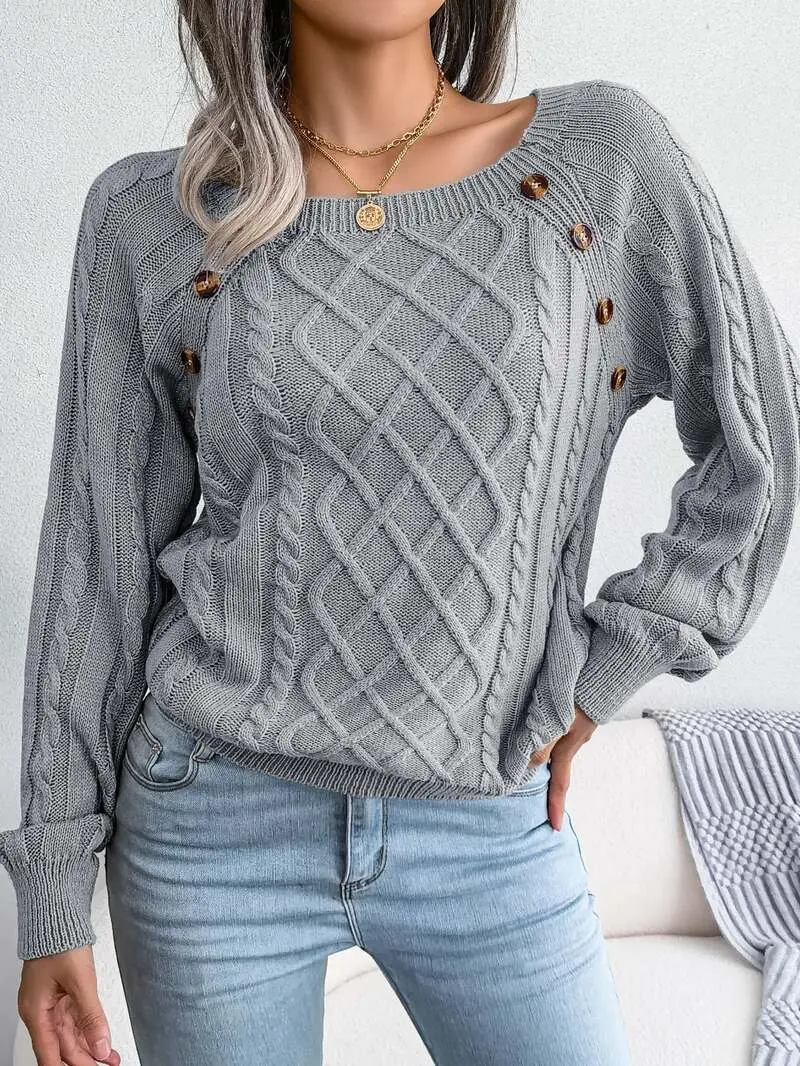 Aldwina | Damen Zopfmuster-Strickpullover mit Knöpfen
