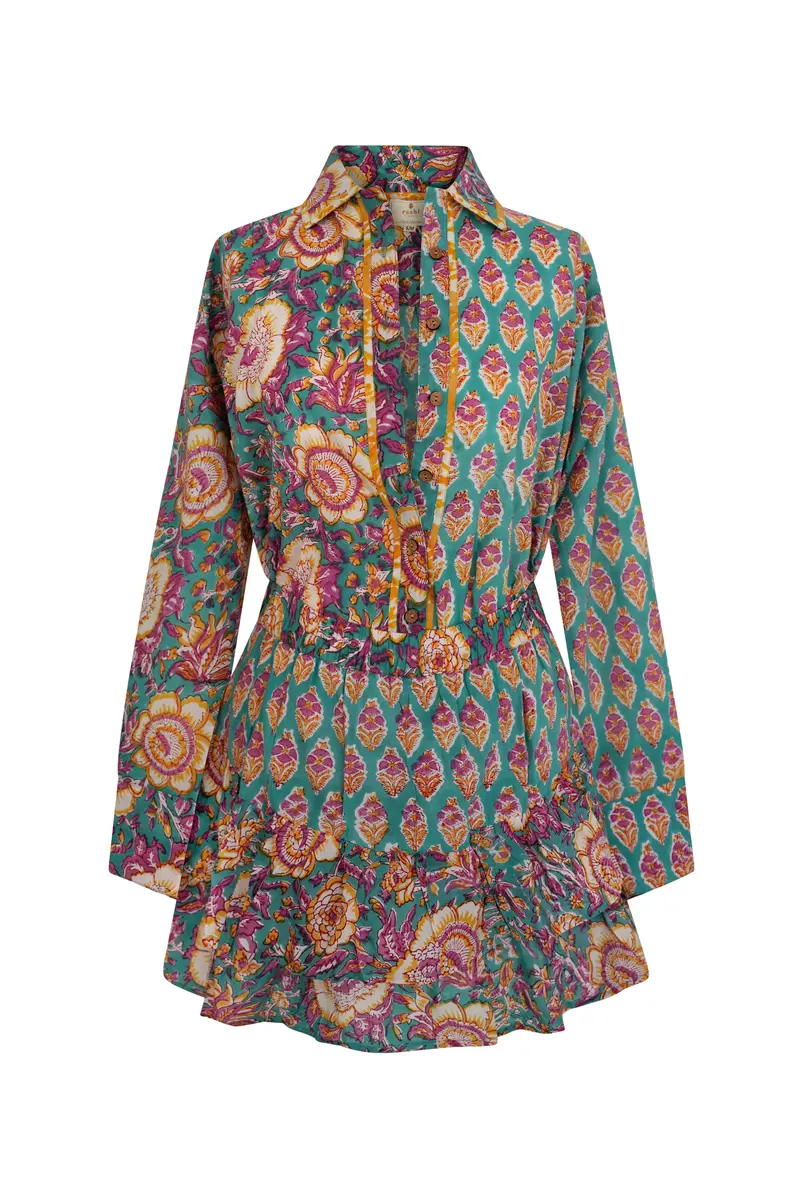 Alia Two Piece Block Printed Oversized Shirt & Skort Turquoise