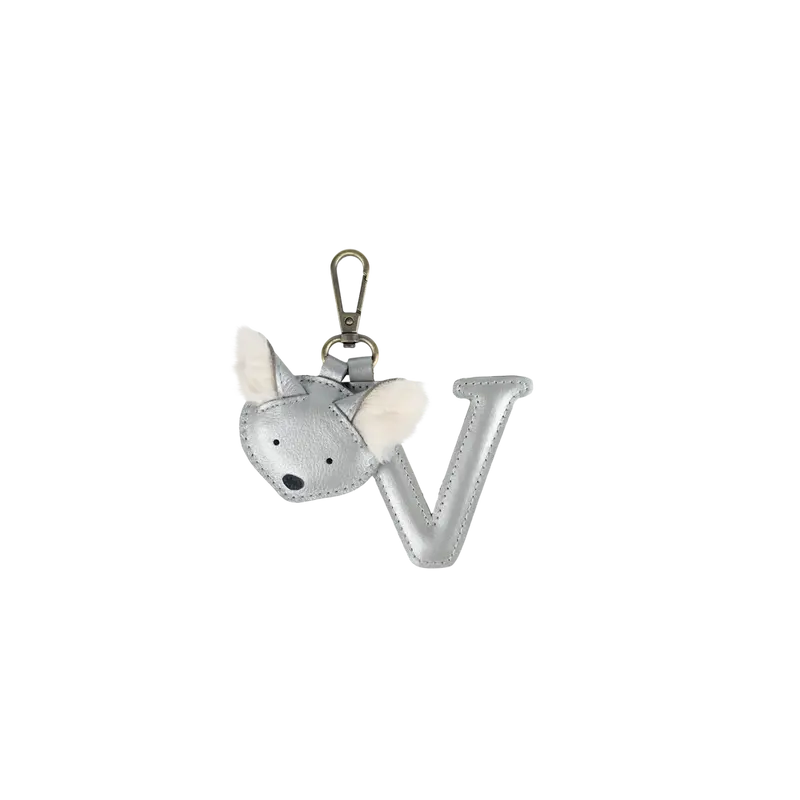 Alphabet Keychain Large | V | Silver Grey Metallic Leather