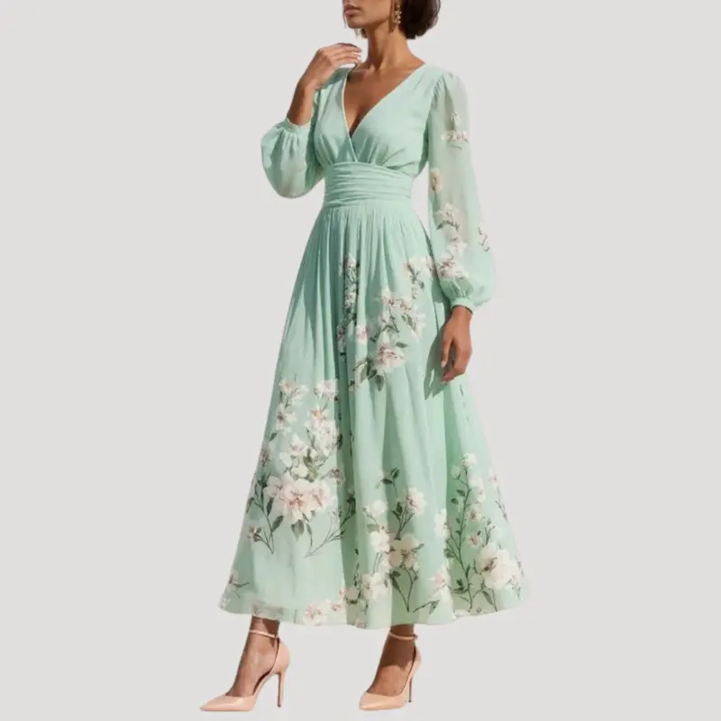 Amelie | Damen Blumenkleid Langarm Midi Kleid