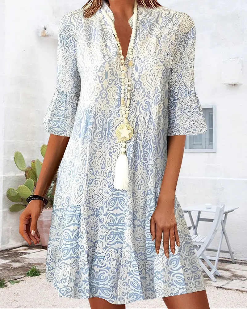 Anouk | Damen Boho Kleid V-Ausschnitt 3/4 Ärmel