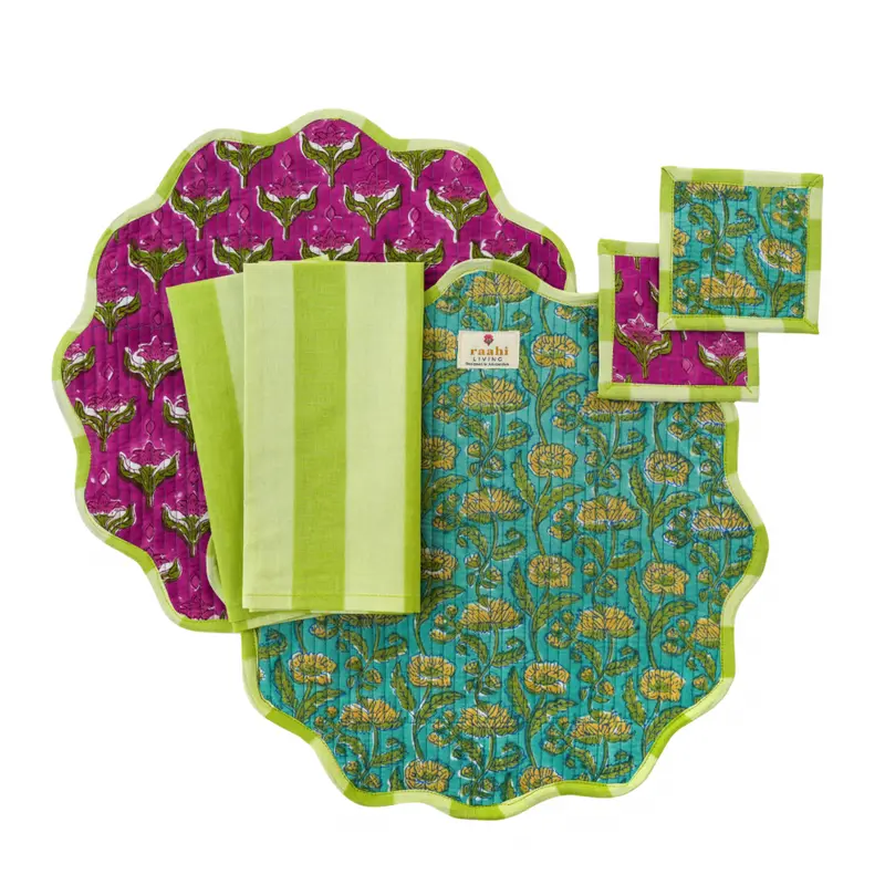 Arie Block Printed Reversible Scalloped Placemat Set