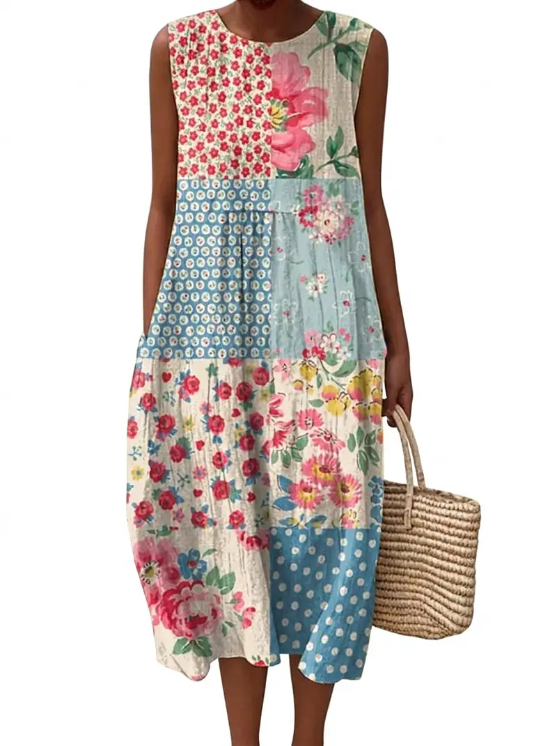 Ärmelloses Damen-Midi-Kleid mit floralem Patchwork-Muster