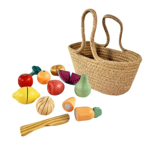 Basket with Wooden Fruit & Vegetables