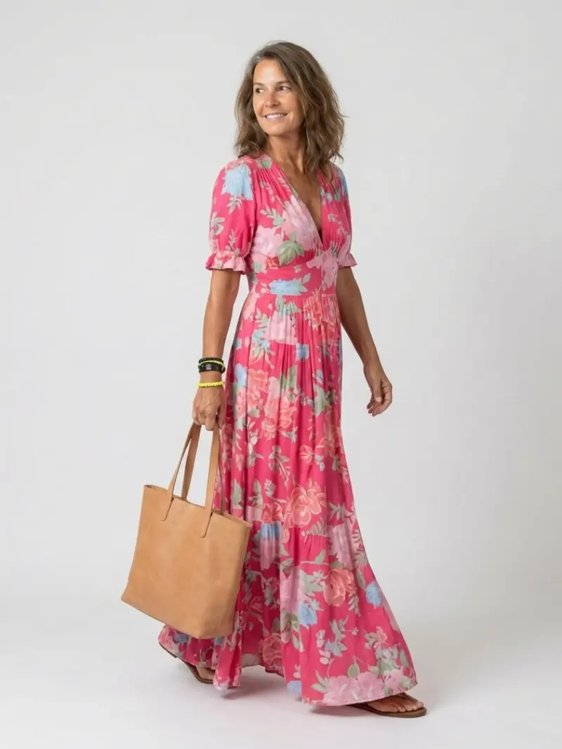 Brunhilde | Damen V-Ausschnitt Blumen Maxi Kleid