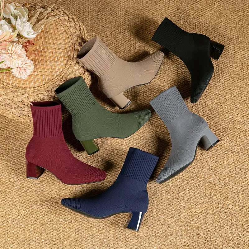 Carina | Damen Stiefeletten mit Blockabsatz und Strickschaft