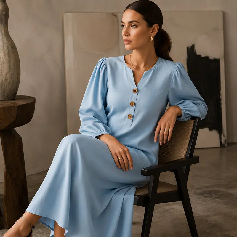 Cathleen | Elegantes Maxikleid mit V-Ausschnitt und Puffärmeln
