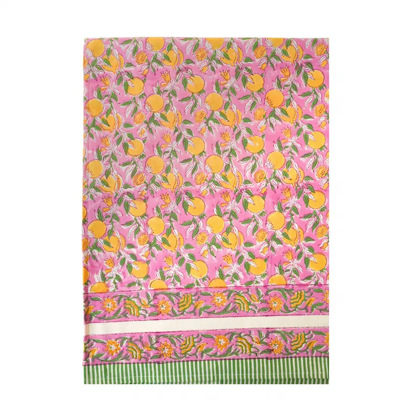 Citrus Print Pink Tablecloth Hand Block Printed Cotton