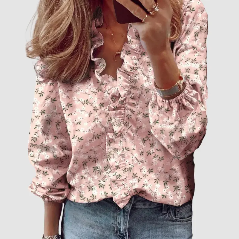 Clementine | Damen Florale Rüschen Langarmbluse