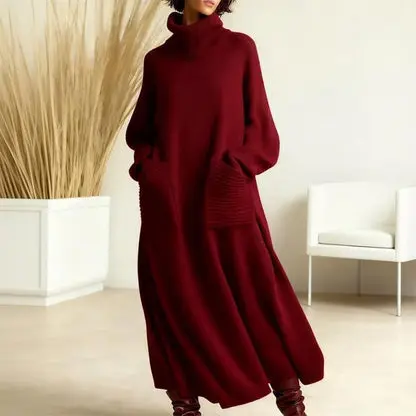 Dagmar | Damen Strickkleid Rollkragen Oversize Midi