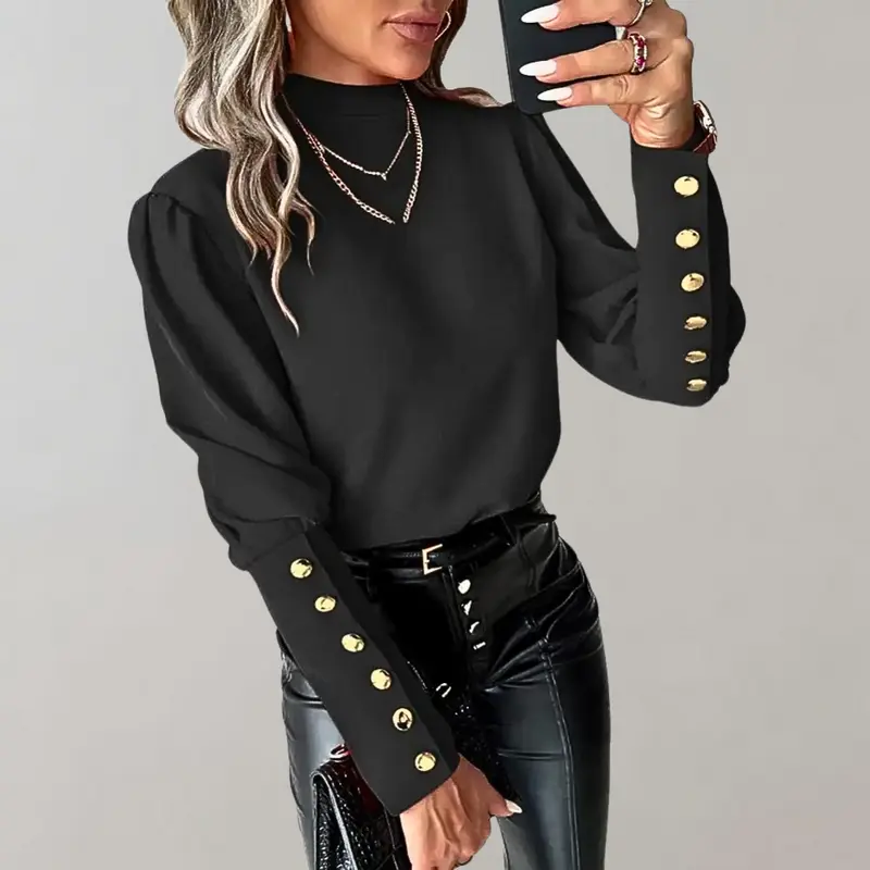 Damen Ärmel mit Knopfdesign Lang Shirt