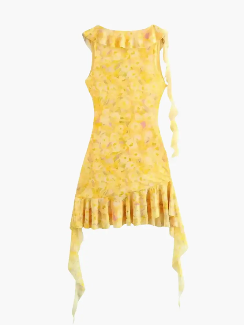 Damen Blumen Ärmellose Mini Gelbe Kleid