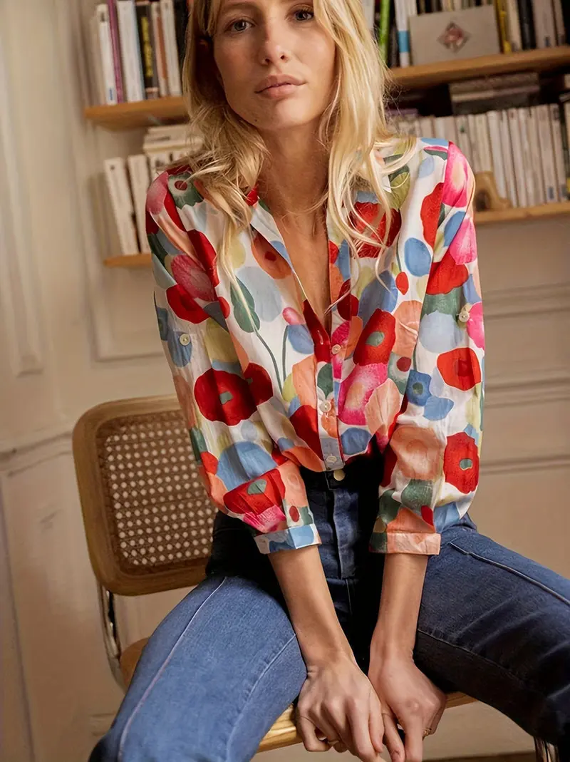 Damen Blumen Button-Down Bluse