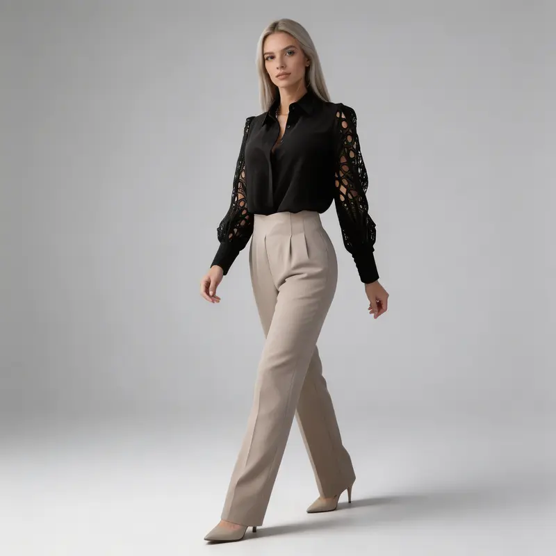 Damen-Bluse mit Knopfleiste und Ärmeln mit Durchbruchmuster