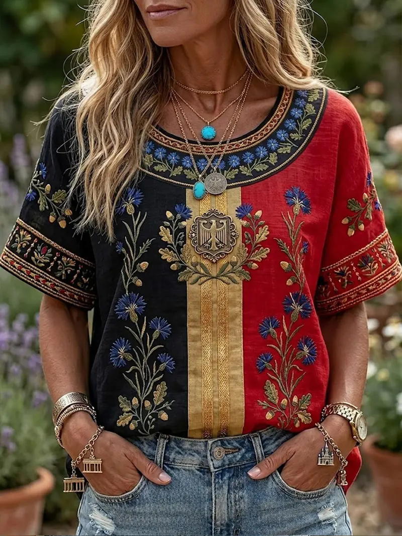 Damen-Boho-T-Shirt mit deutschem Blumenmuster