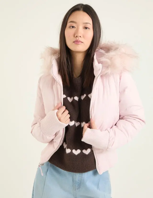 Damen Cropped Langarm Pufferjacke mit Kapuze