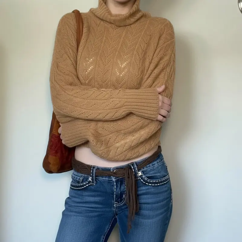 Damen Cropped Langarm-Turtleneck-Pullover mit Knöpfen