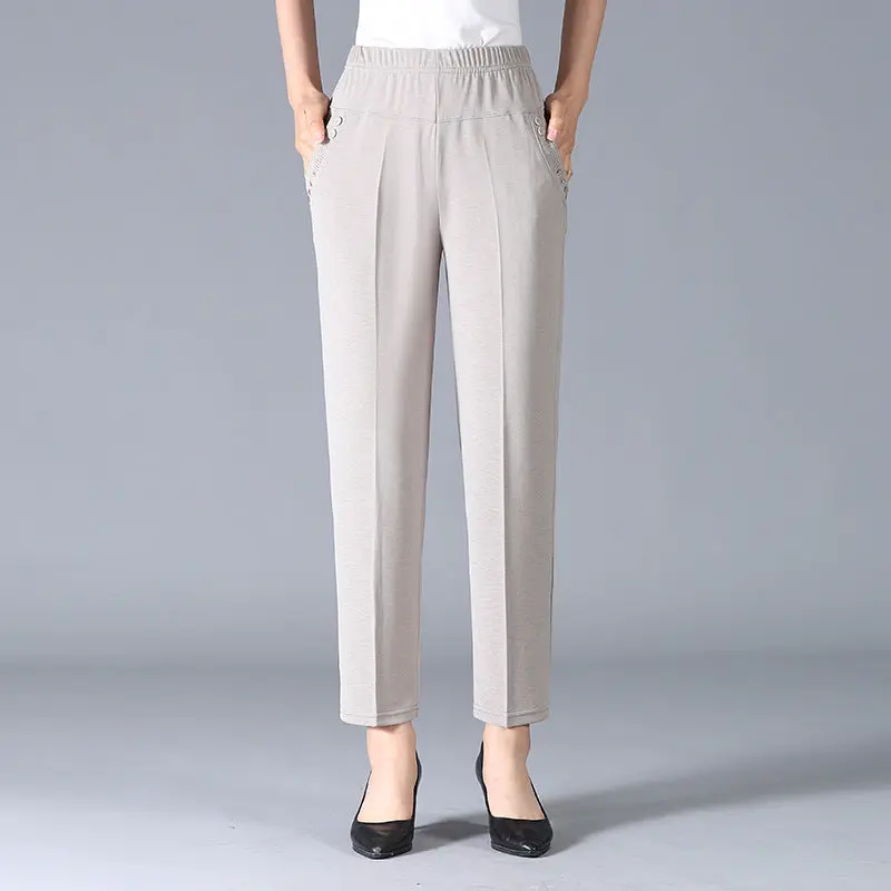 Damen Elastischer Bund mit Taschen Stoffhose