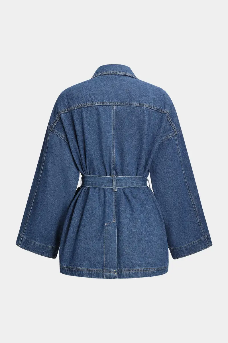 Damen Geknöpft mit Gürtel Lang Jeansjacke