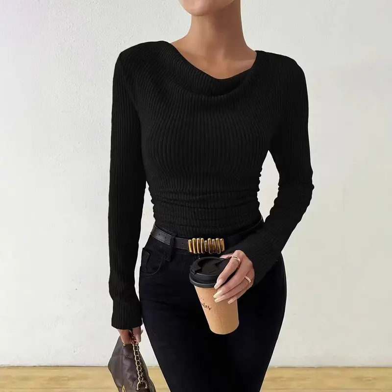 Damen Gerippter Taillierter Feinstrickpullover mit Raffung Nord Taschen
