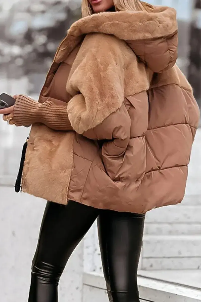 Damen Gesteppte Winterjacke mit Kapuze und Plüscheinsätzen