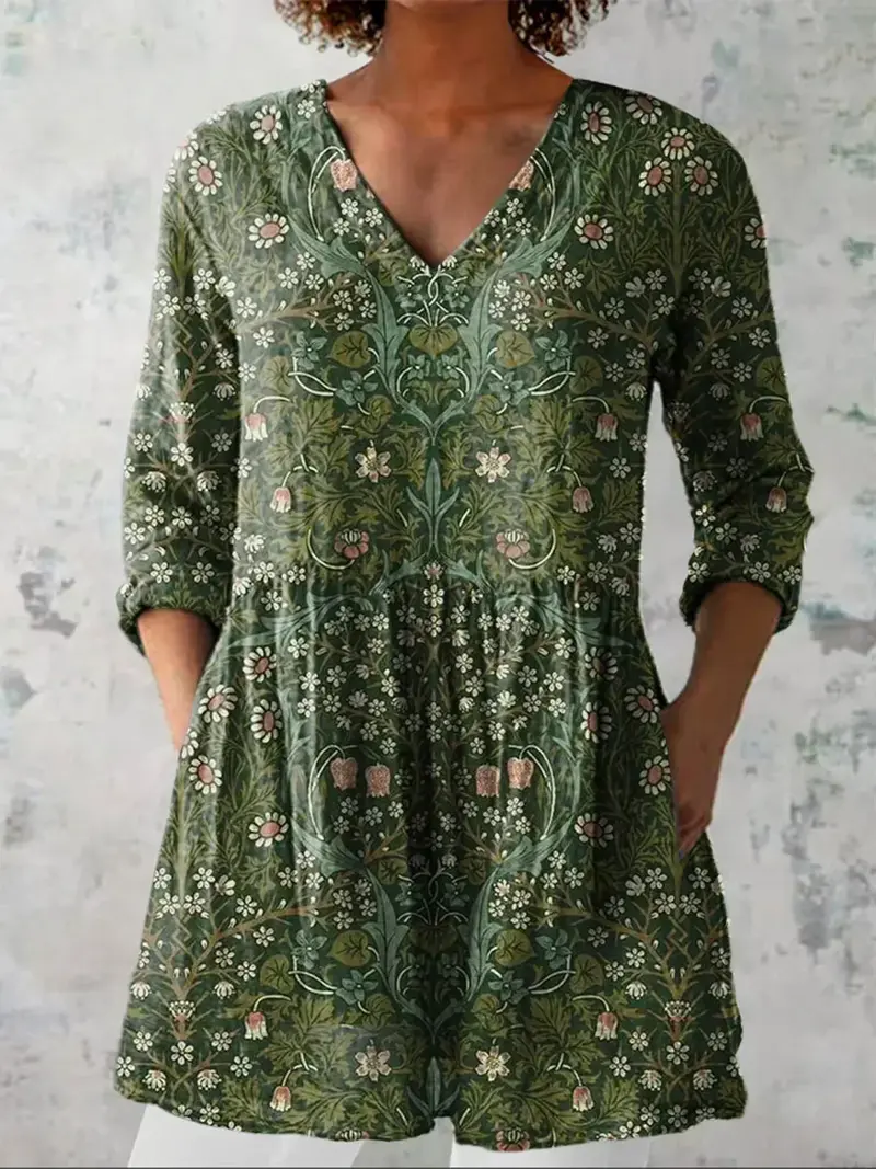 Damen Hemdbluse mit V-Ausschnitt langen Ärmeln und Blumenmuster
