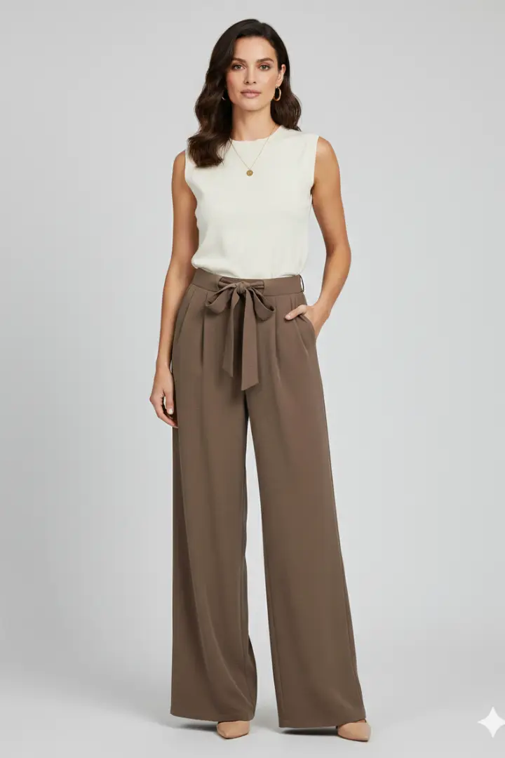 Damen-Hose mit weitem Bein und Bindegürtel