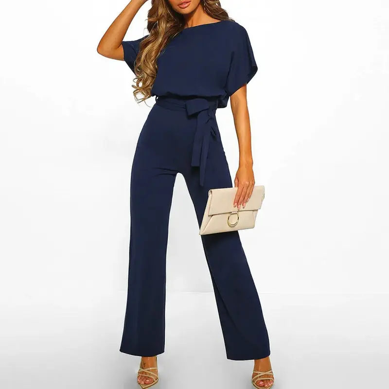 Damen Jumpsuit mit gerafften Ärmeln und Bindegürtel