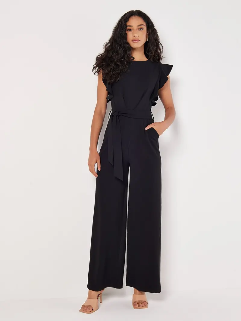 Damen Jumpsuit mit Rüschenärmeln und Bindegürtel