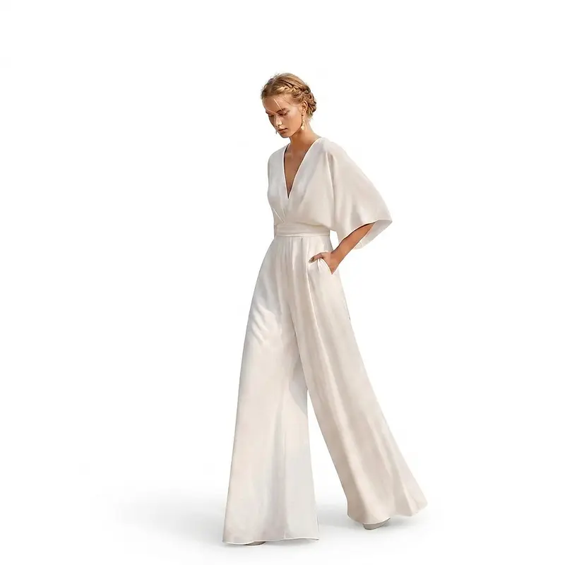Damen-Jumpsuit mit weitem Bein und V-Ausschnitt