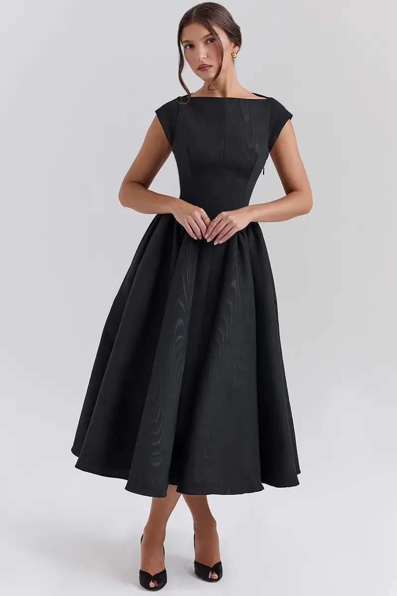 Damen Kurzarm Midi Hochzeitsgast Kleid