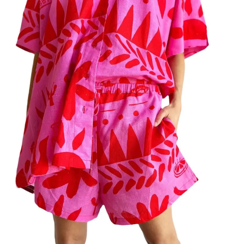 Damen Kurzarmhemd und Shorts Set mit abstraktem Muster