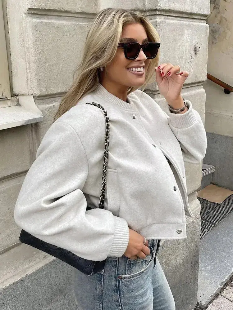 Damen Kurze Jacke mit Druckknopfverschluss und Elastischen Bündchen