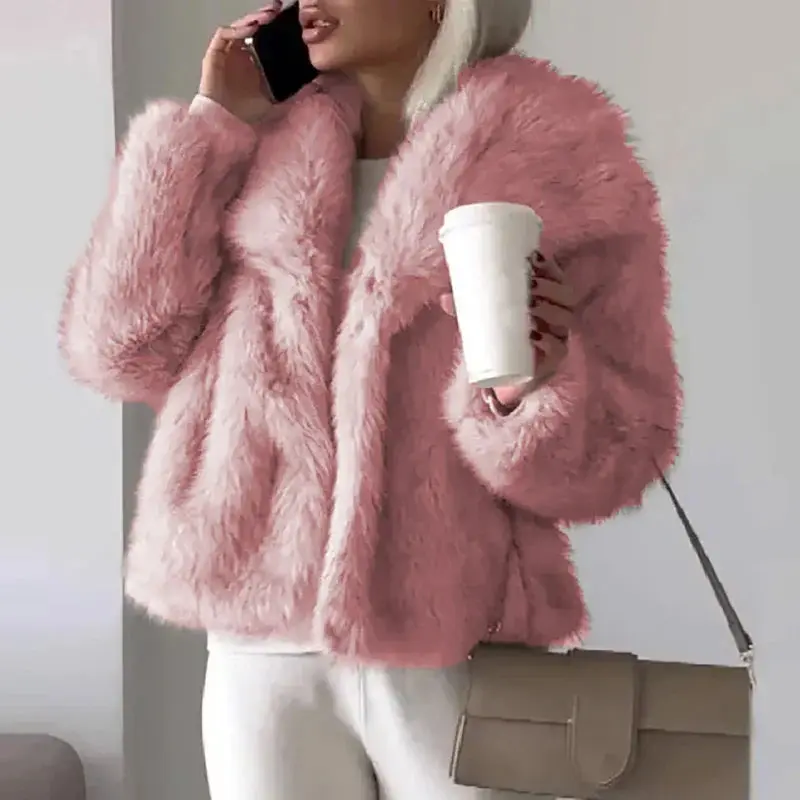 Damen Kurze Winterjacke Gemütlich Warm Kunstfelljacke Elegant