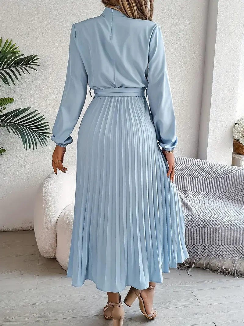 Damen Langarm Falten Kleid mit Gürtel