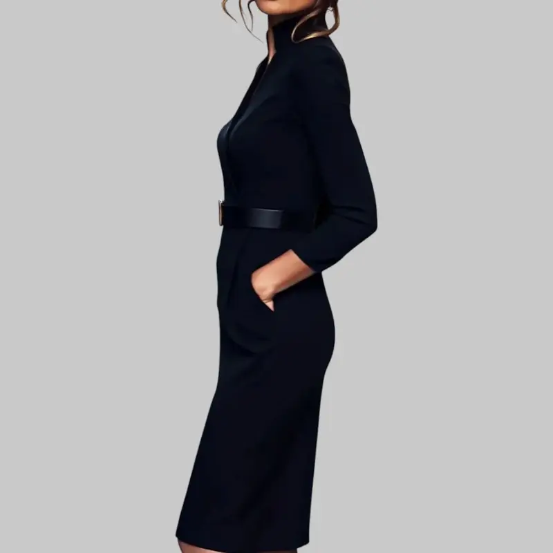 Damen Langarm Gegürtet Midi Etui Kleid