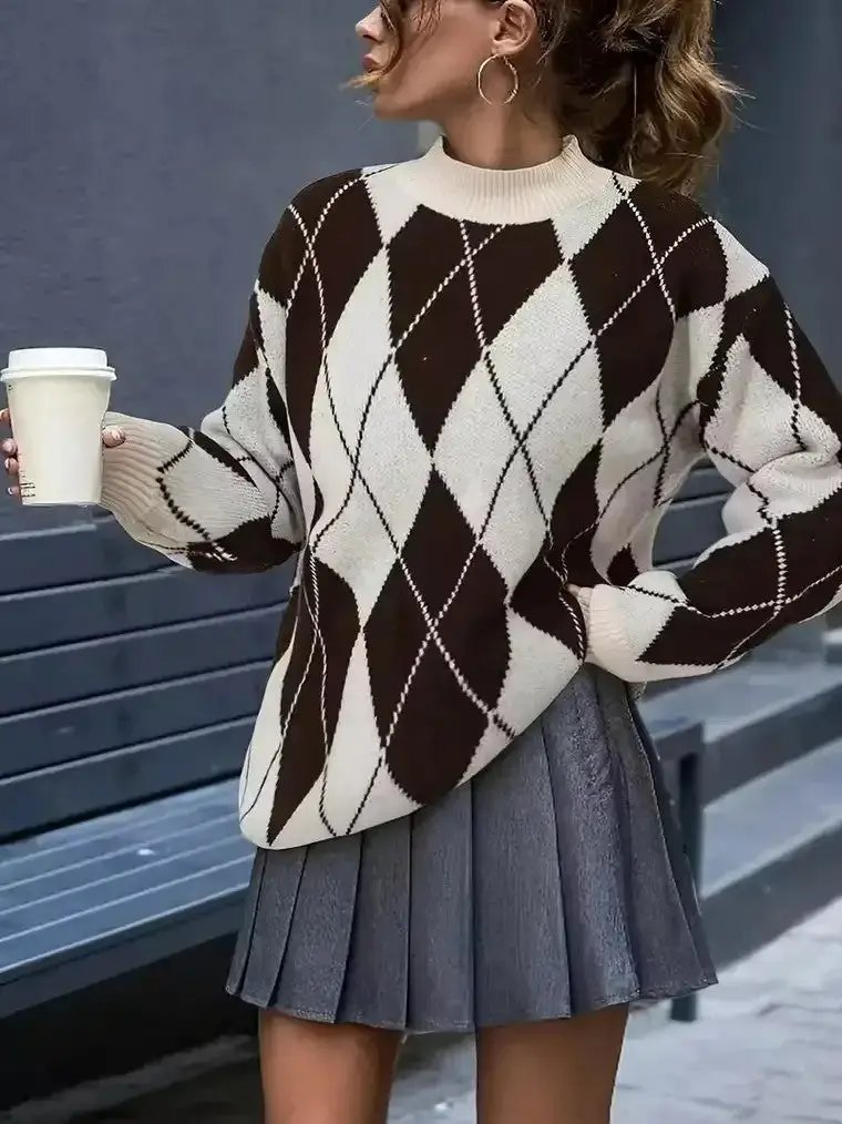 Damen Langarm Pullover mit Stehkragen und Rautenmuster