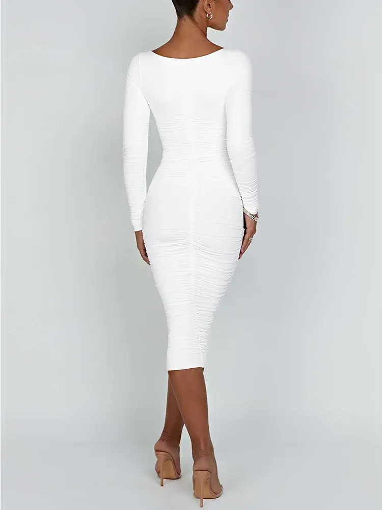 Damen Langarm Quadratausschnitt Midi Etui Kleid