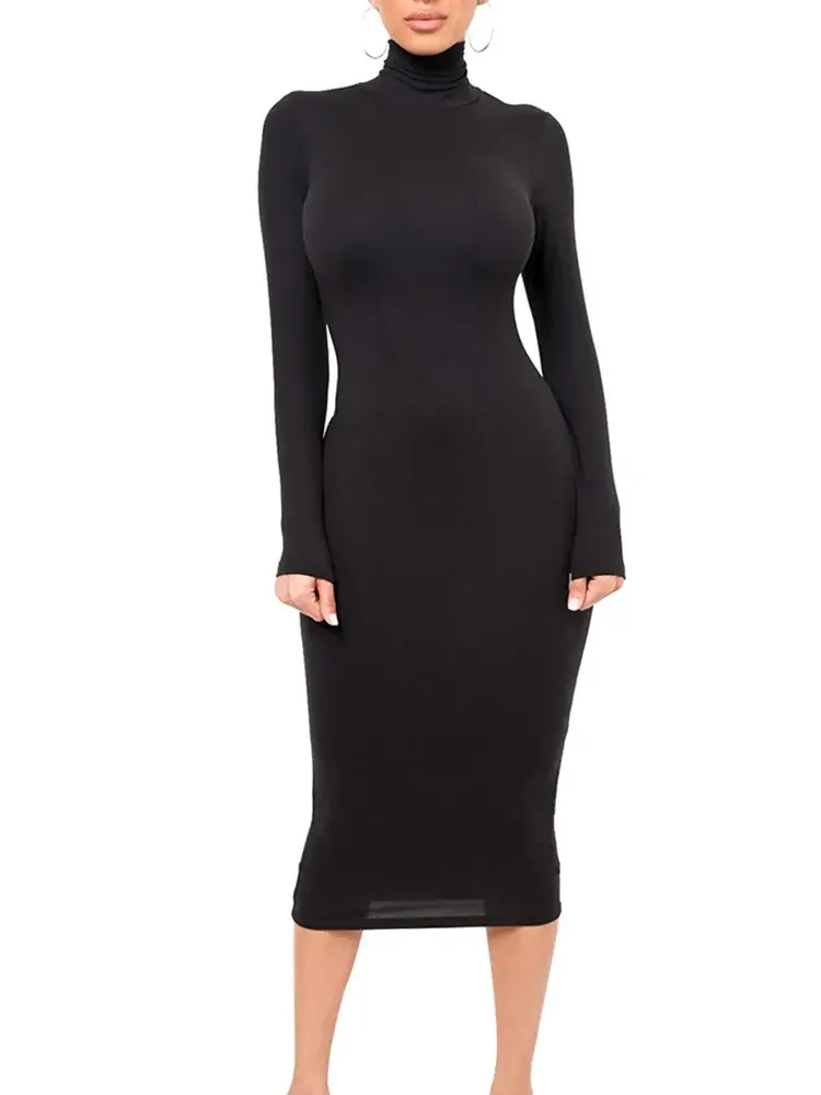 Damen Langarm Rollkragen Midi Etui Kleid