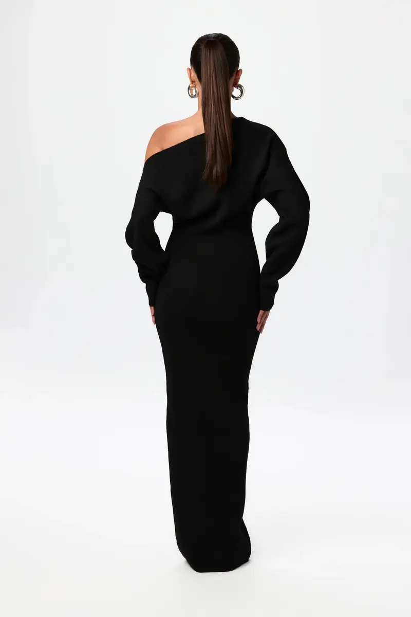 Damen Langärmliges Strick-Maxikleid mit Asymmetrischem Schulterausschnitt