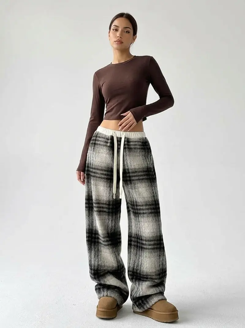 Damen-Loungehose mit weitem Bein und Karomuster