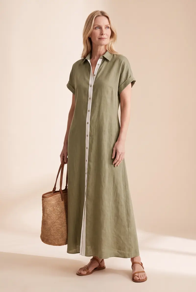 Damen Maxi-Hemdblusenkleid mit kurzen Ärmeln