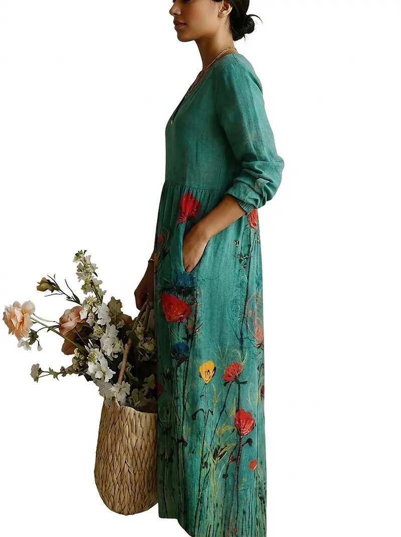 Damen-Maxikleid mit V-Ausschnitt und Blumenmuster
