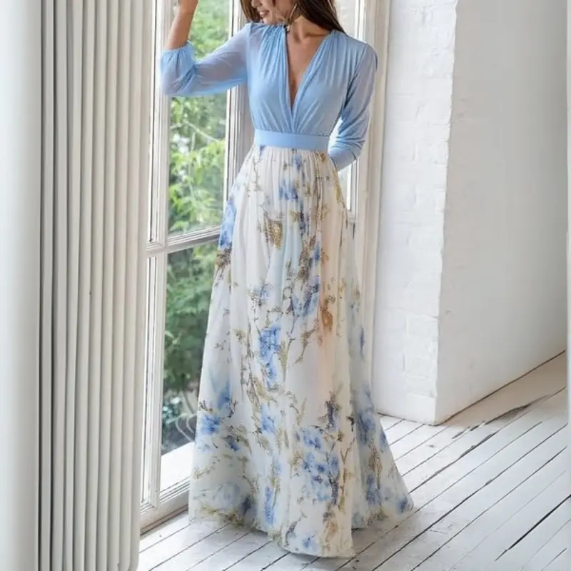 Damen-Maxikleid mit V-Ausschnitt und langen Ärmeln