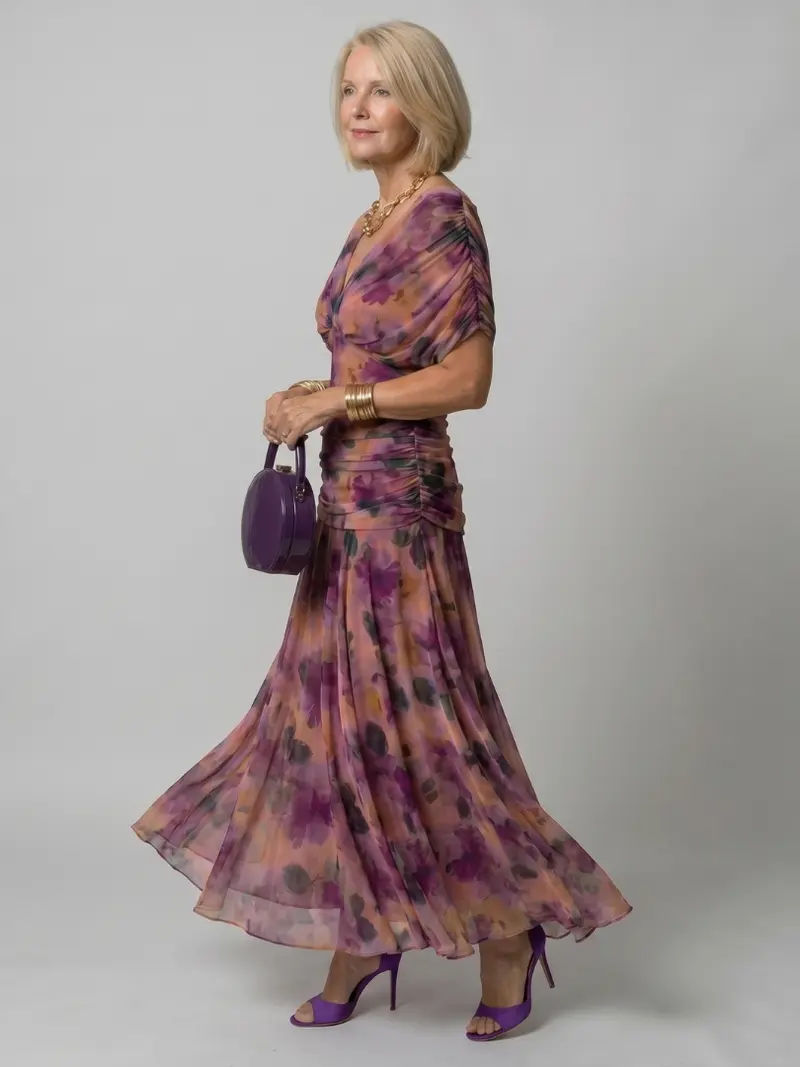 Damen Off-Shoulder Maxi Kleid mit Drapeé-Kragen und Raffbund