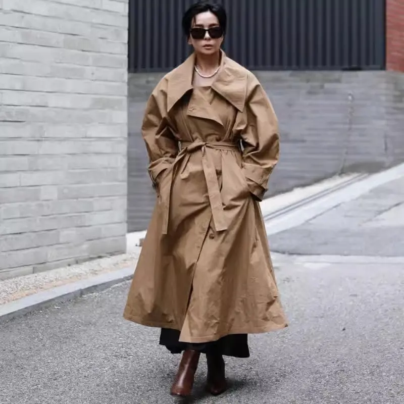 Damen Oversize-Trenchcoat mit Wasserfallkragen und Bindegürtel