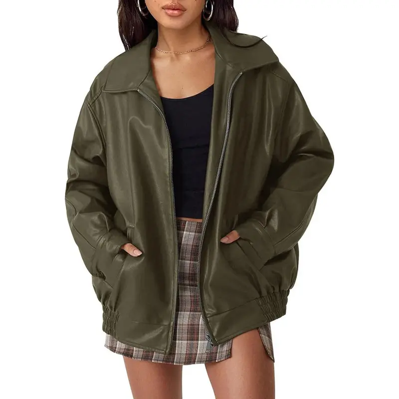 Damen Oversized Bomberjacke Kunstleder mit Reißverschluss und elastischem Saum