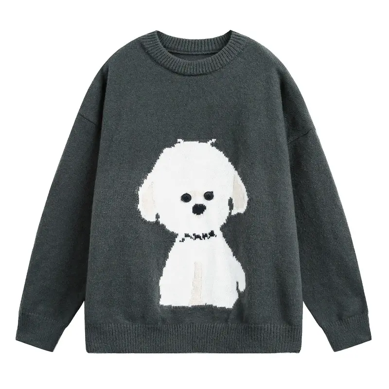 Damen Oversized Rundhals Pullover mit Hundemotiv