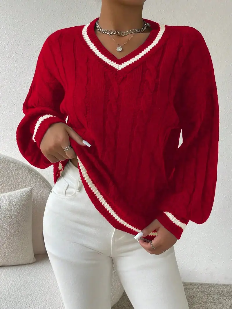 Damen Pullover mit V-Ausschnitt, Zopfmuster und Streifendetail